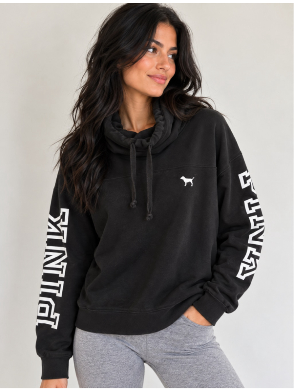 PINK Victoria’s Secret Cowl Neck Sweatshirt Black Logo Sleeve Pullover M